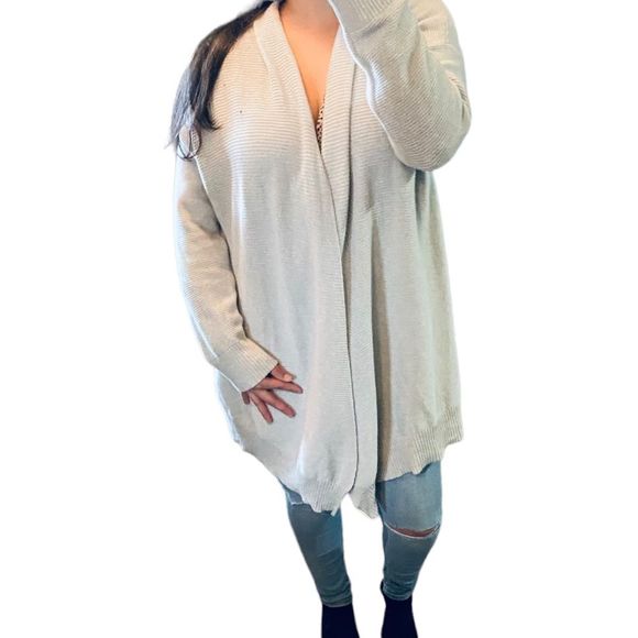 Eileen Fisher Light Gray Ribbed 100% Cashmere Long sleeve Shawl Open Cardigan L - Picture 10 of 16